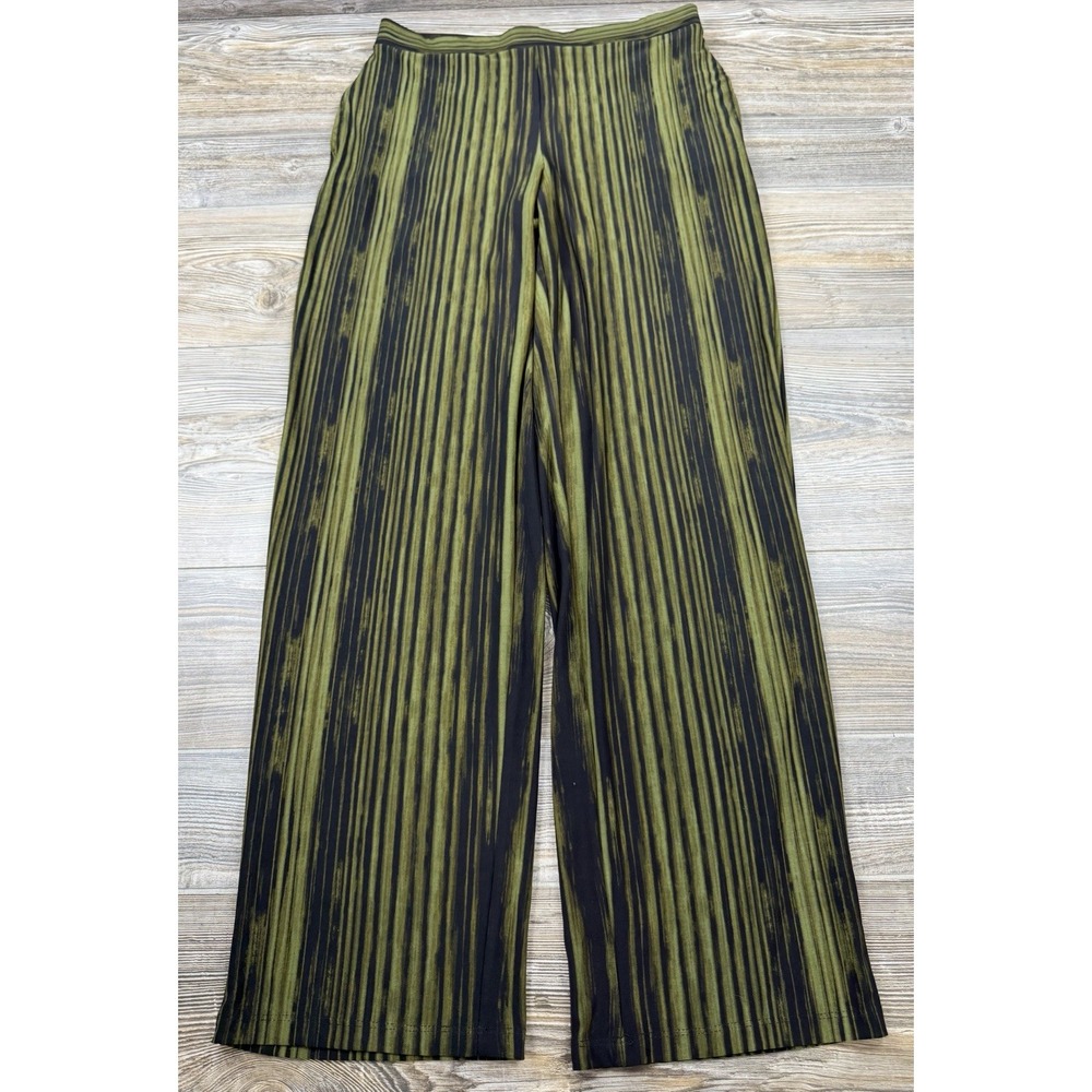 Susan Graver Pants S Green Striped Liquid Knit Pull-On Gothic Witchy Earthy Boho